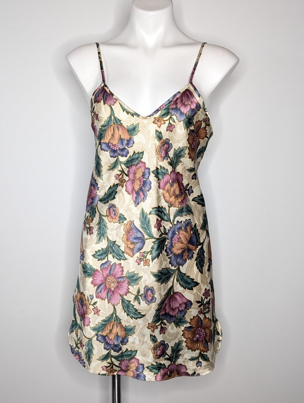Vintage Tan Pink Blue Floral Satin V Neck Slip Dress S